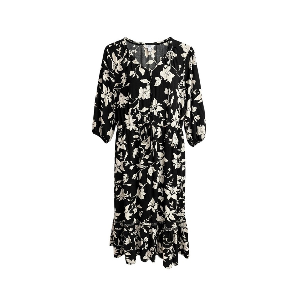 Croft & Barrow Black White Floral Button Front Ruffle Midi Dress Petite PXL